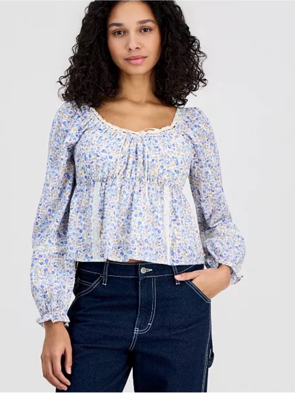 Floral Peasant Blouse in Light Blue - Women's Top